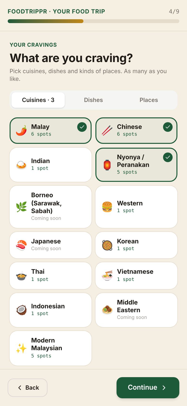 Choosing cravings by cuisine, dish and kind of place