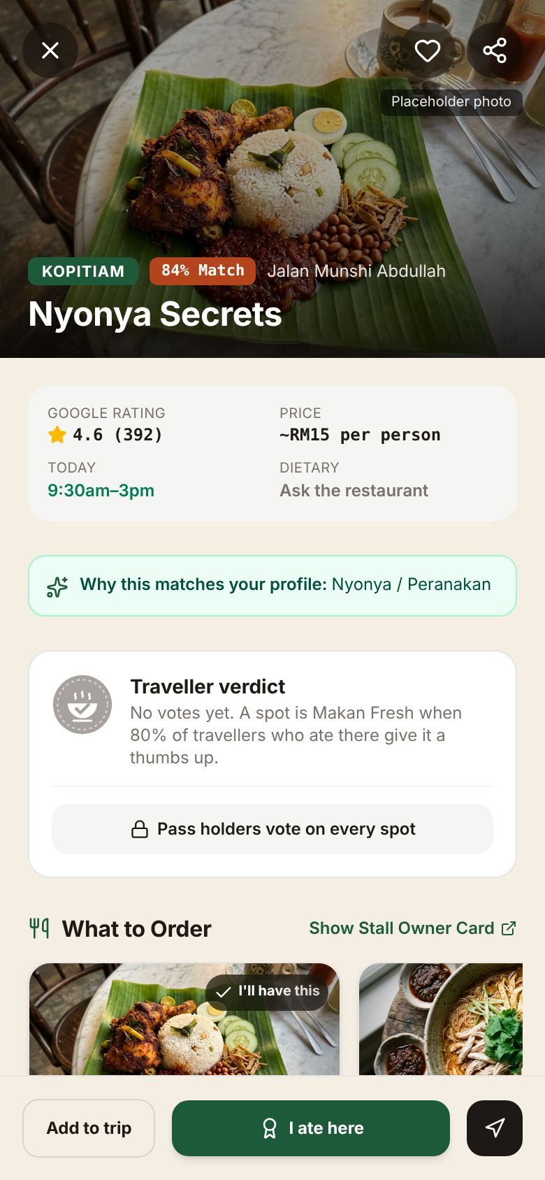 A spot page with what to order and the traveller verdict