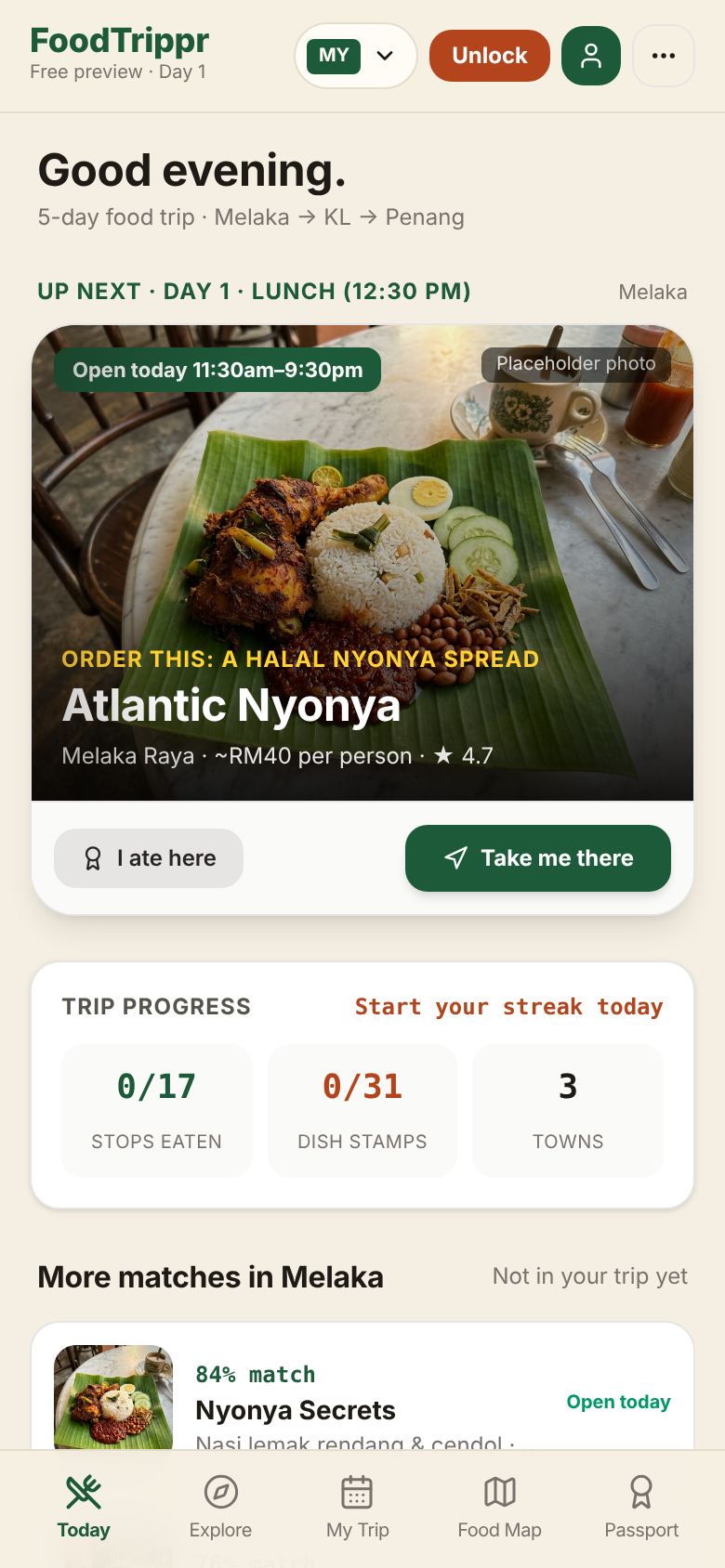 The FoodTrippr app showing the next meal in a food trip